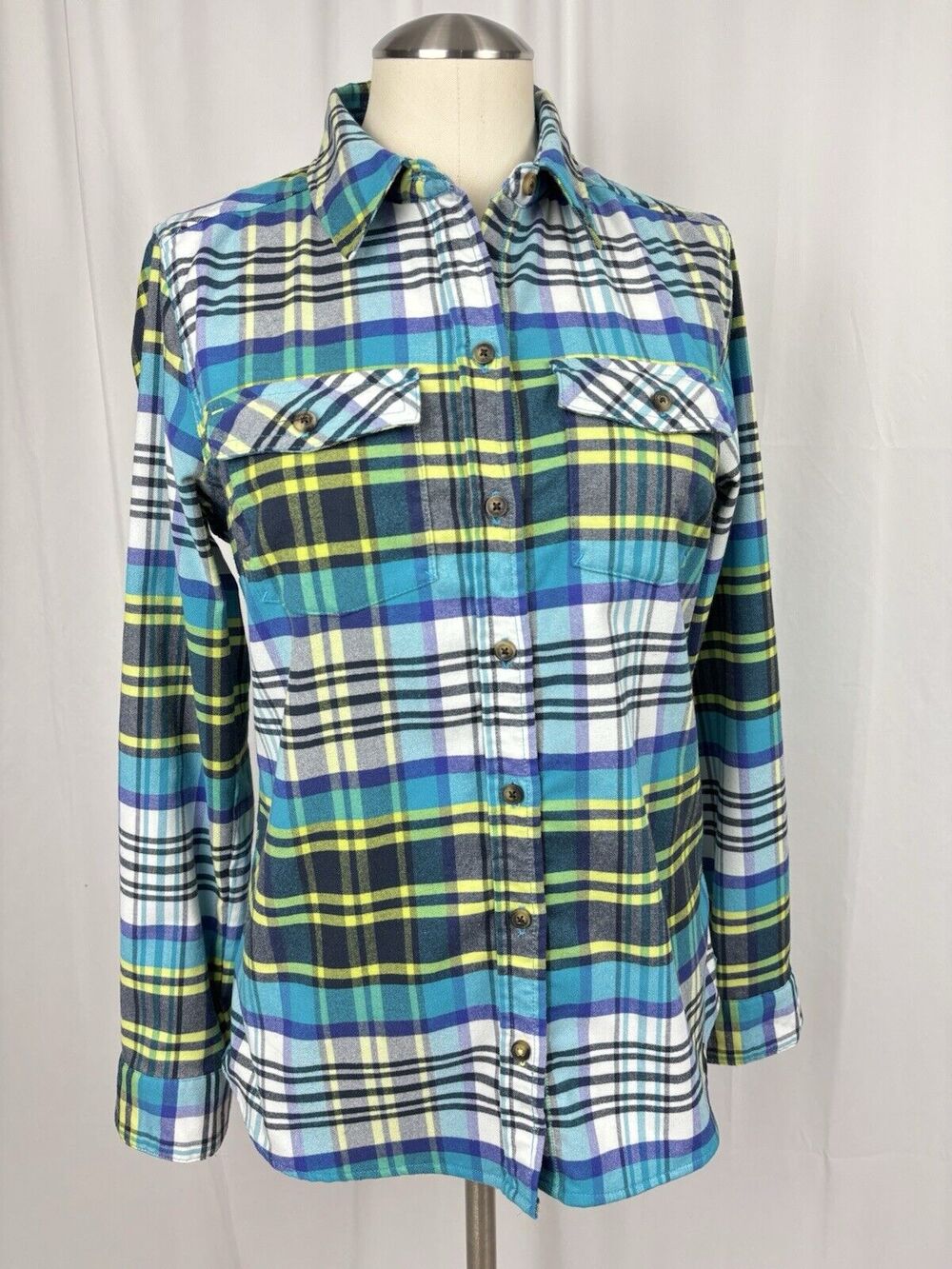 L.L Bean Elasterall-P Button Up Collard LS Plaid Flannel Shirt Granola Girl XS